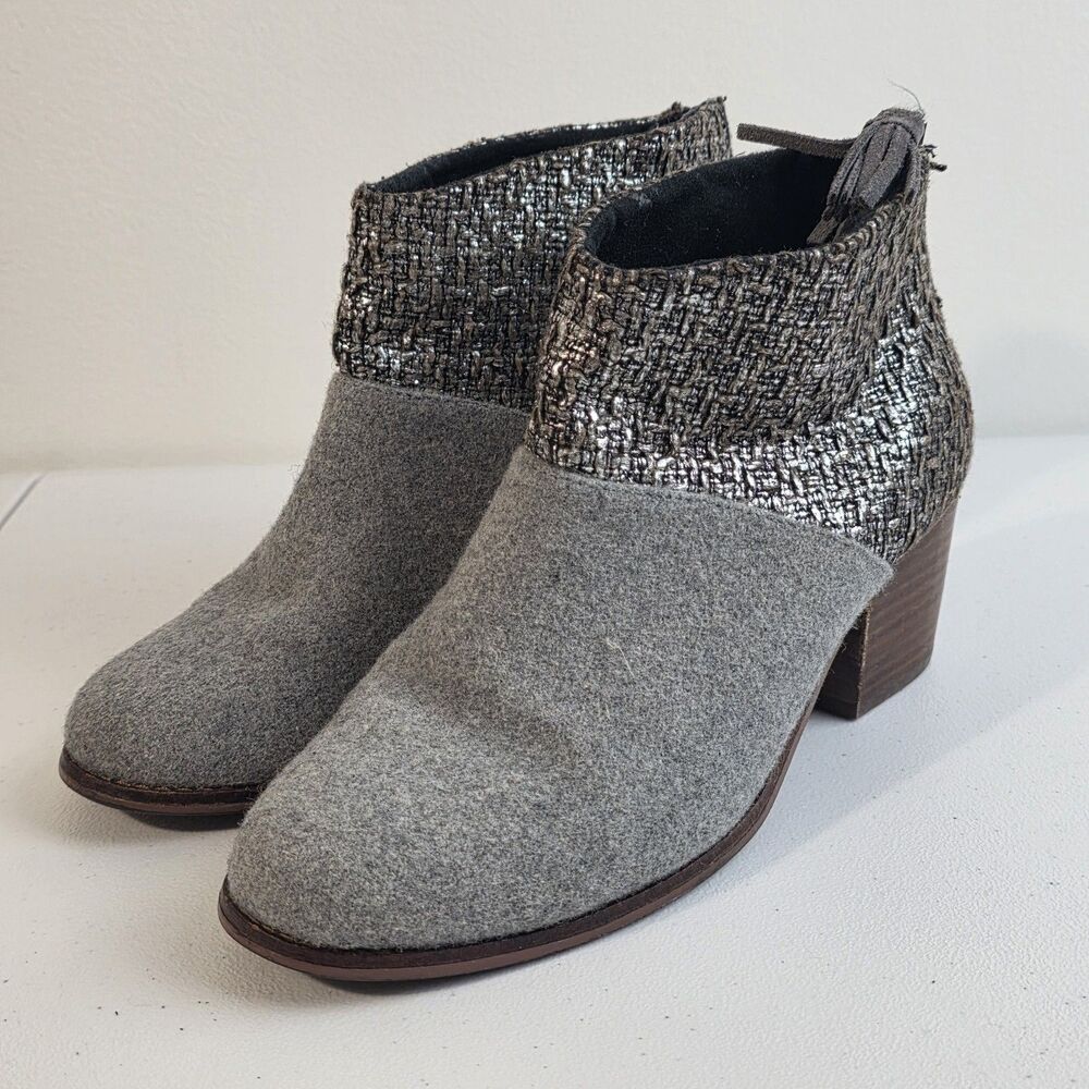 TOMS Leila Felt Shine Boucle Bootie In Gray Size 6.5 Back Zip